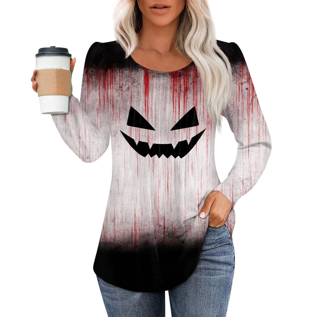 Women's Casual Top Halloween Printed Round Neck Long Sleeved Pleated T-shirt