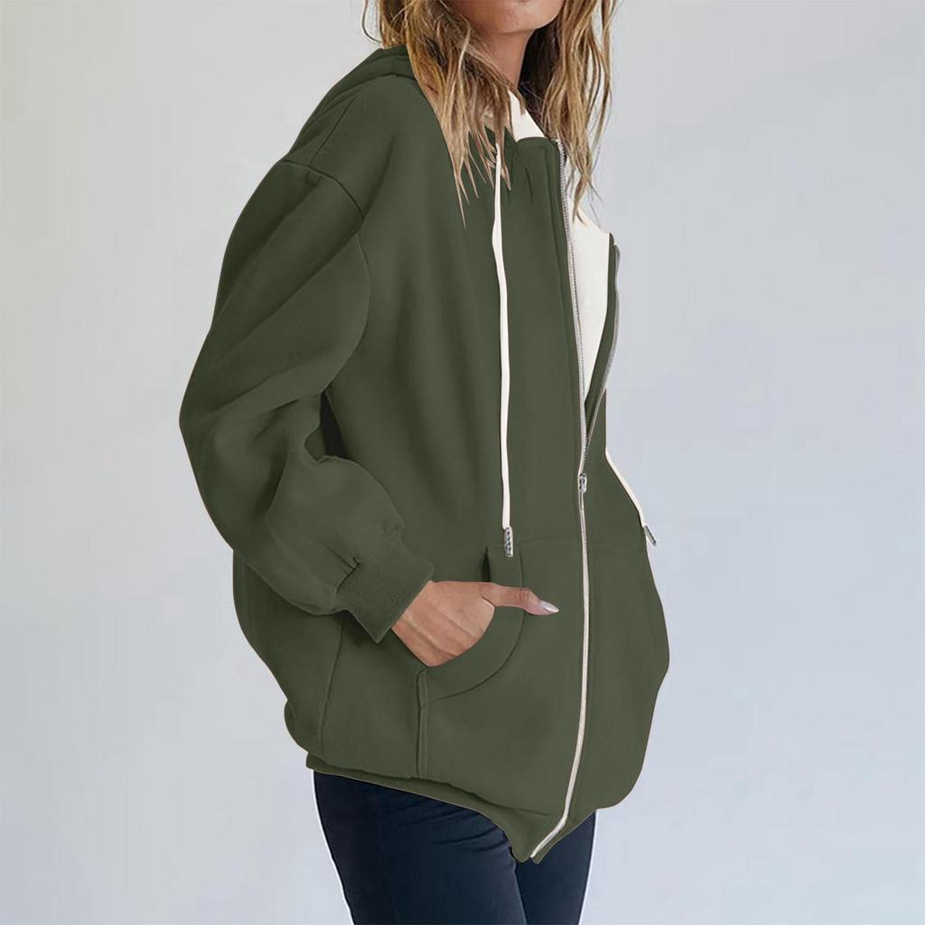 Damen Herbstmode Reißverschluss Hoodie Langarm Kapuzenpullover Sweatshirt Lässige Einfarbige Oberteile Mit Taschen