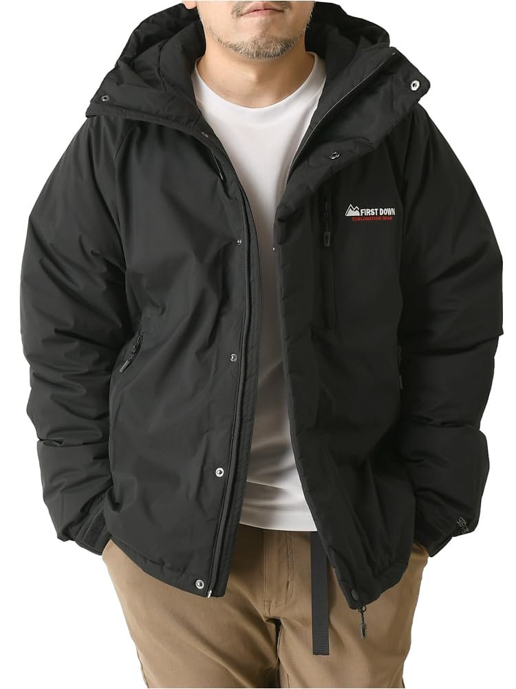 FIRST DOWN Down and Water Model Size Men's All-Weather Aluminum-Lined Jacket, Water-Repellent, Windproof, 10,000mm Resistance, A1-1232, LL, A-Black