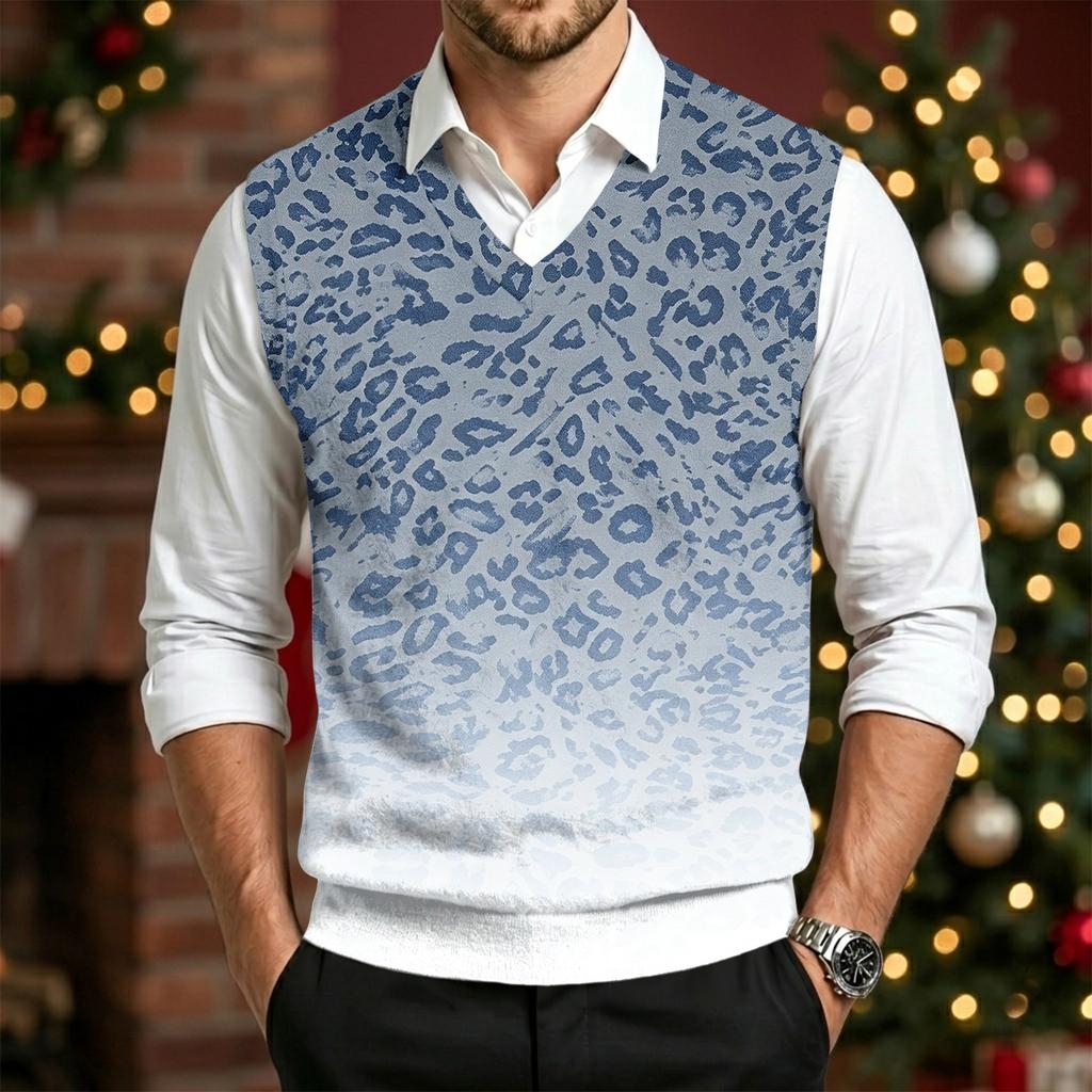 Men's V-Neck Knit Vest, Wool Sleeveless Sweater Vest, Leopard Print, Casual Wear