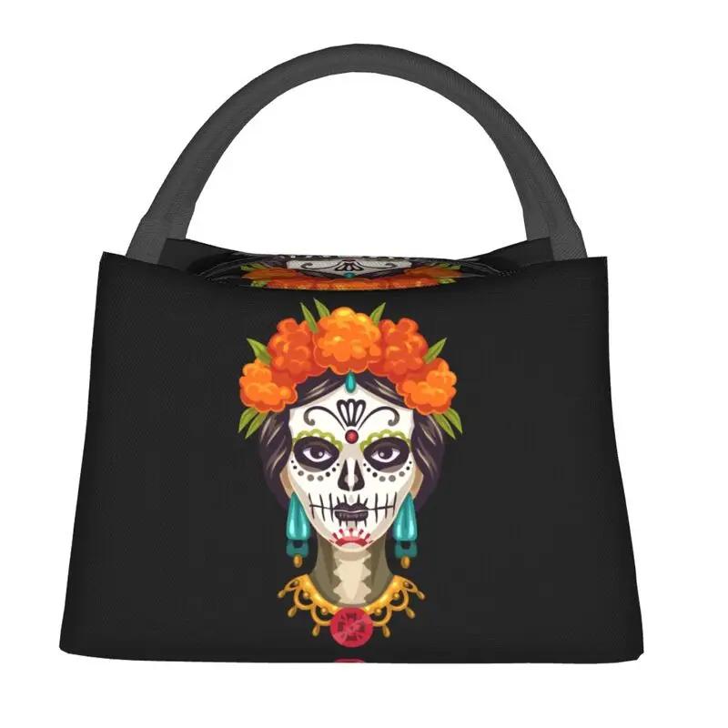 Day Of The Dead Kitten Cat Sugar Skull Thermal Insulated Lunch Bags Women Mexican Halloween Floral Lunch Container for Food Box