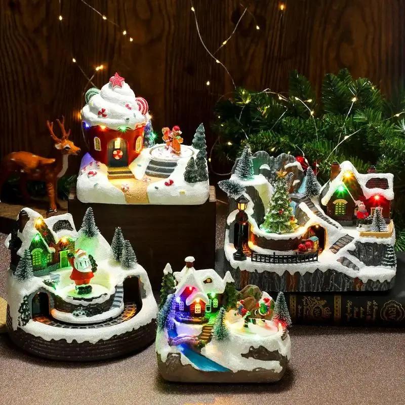 Verschiedene weihnachtliche drehende leuchtende musikalische Harz-Musikbox-Ornamente Weihnachtsgeschenk