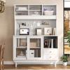 Kitchen Buffet with Fluted Glass Sliding Doors, Pegboard Back Panel, Drawers and Open Compartments, Made of MDF and Chipboard with Pine Wood Feet