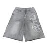 FlowStreet Fashion Men Summer Casual Denim Shorts Knee Length Trendy Letter Embroidered Shiny Rhinestone Decor Jeans Shorts with Pockets