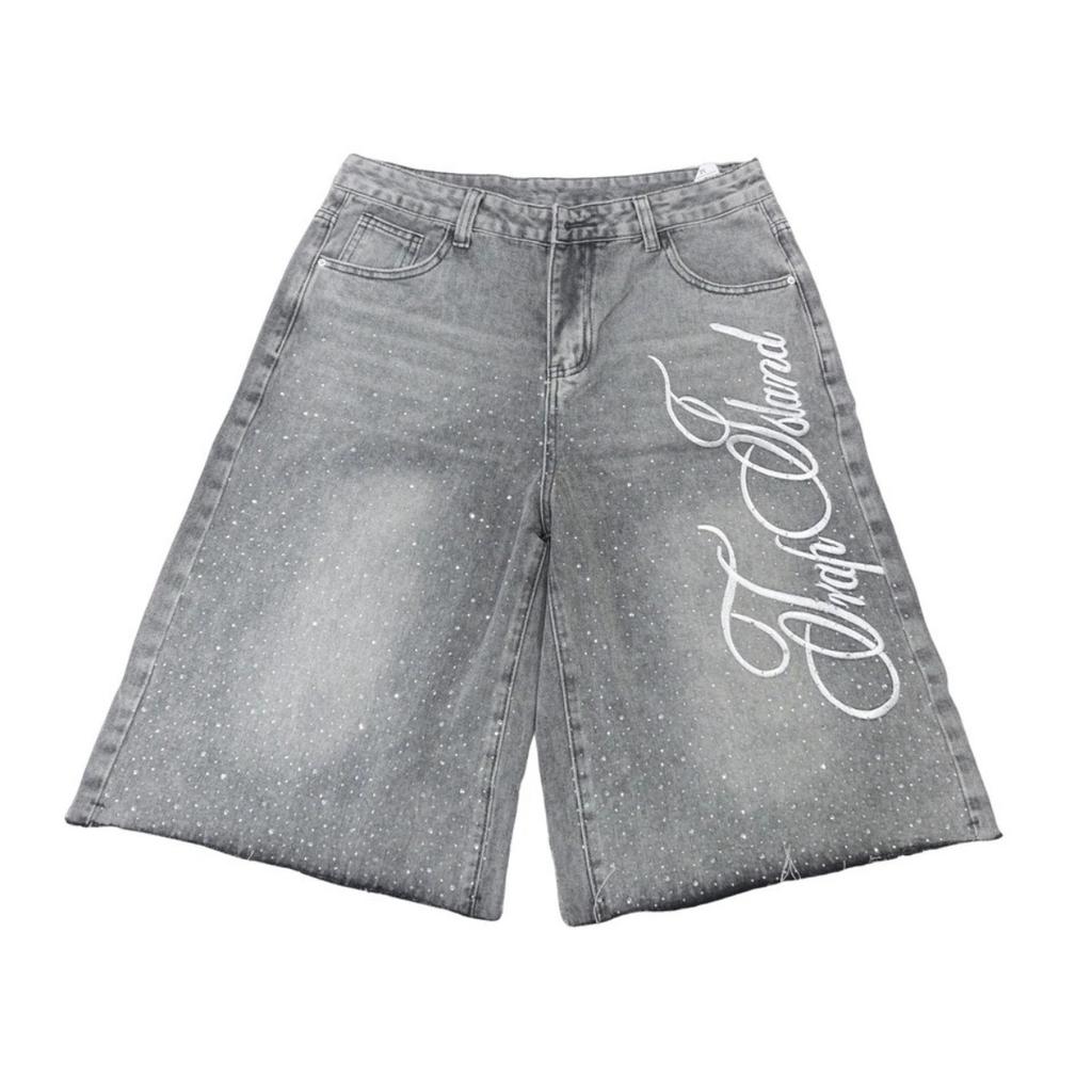 FlowStreet Fashion Men Summer Casual Denim Shorts Knee Length Trendy Letter Embroidered Shiny Rhinestone Decor Jeans Shorts with Pockets