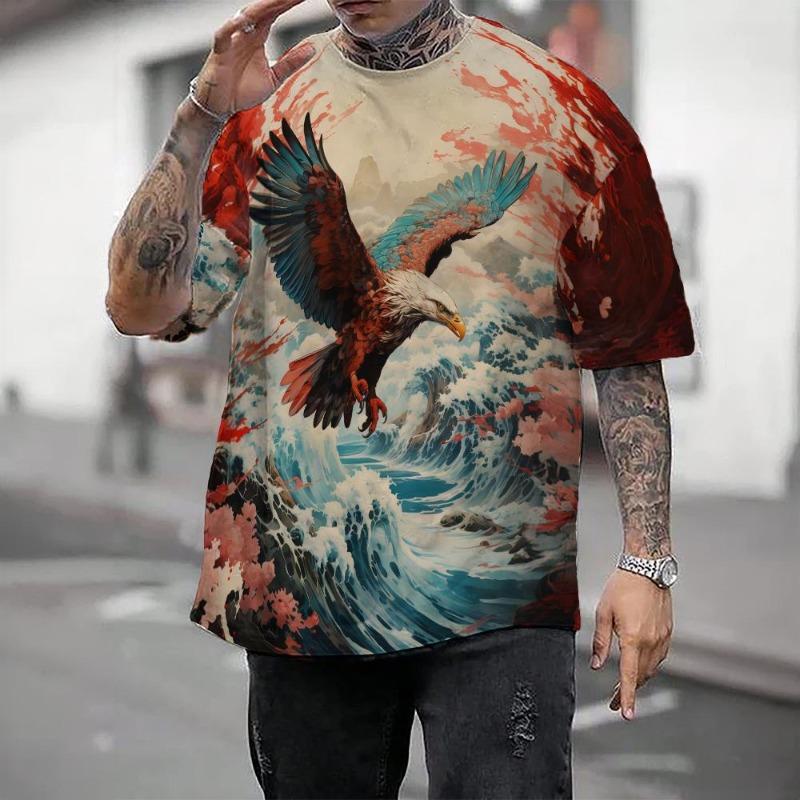 Camiseta casual masculina com blocos de cores, estampa 3D, gola redonda, manga curta, camiseta grande, roupas masculinas, tops, streetwear, verão