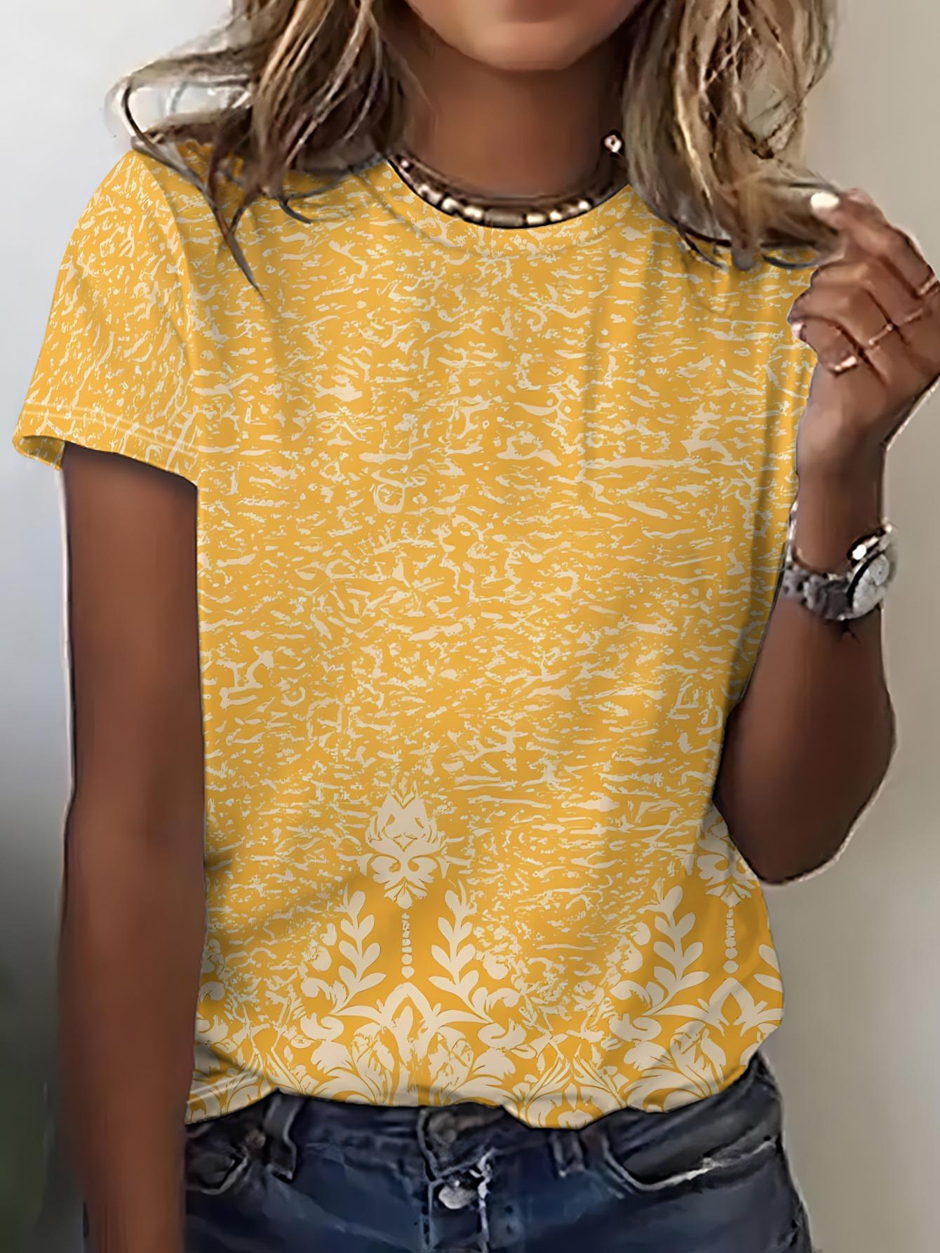 

Women S Short-Sleeve T-Shirt. Yellow with White Patterns. Easy. Stylish. And Vibrant L дубильная кора