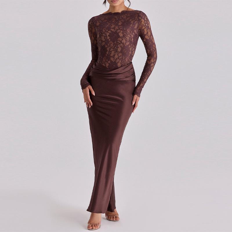 2026 European & American Women's Autumn/Winter Sexy Lace See-through Bodycon Long Dress