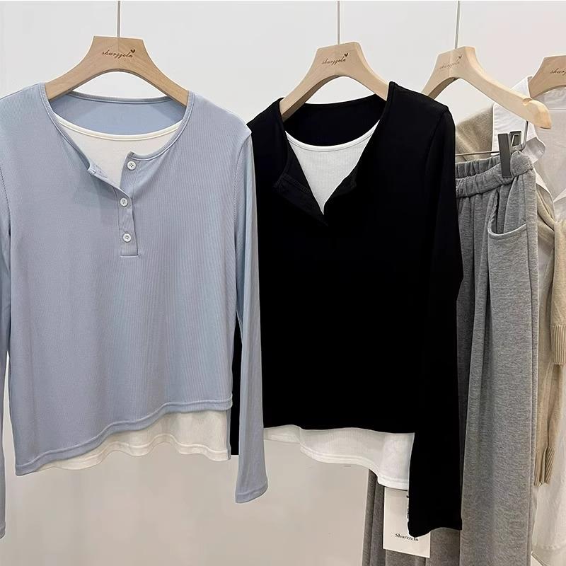 Milk blue plus velvet fake two-piece long-sleeved bottoming shirt for women in autumn and winter with brushed inner, slimming and chic T-shirt top