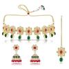Collana Girocollo Kundan Tono Oro e Multi | Perle con Design di Perline Rotonde | Set Orecchini Pendenti Maang Tikka