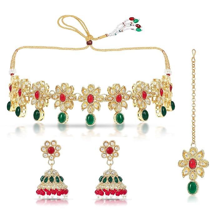 Collana Girocollo Kundan Tono Oro e Multi | Perle con Design di Perline Rotonde | Set Orecchini Pendenti Maang Tikka