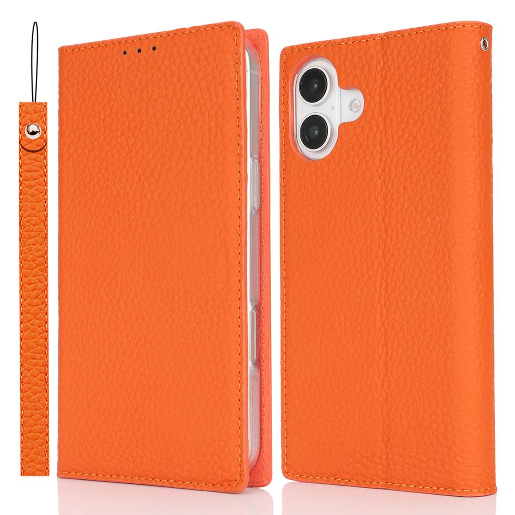 For iPhone 17 Wallet Case Genuine Cow Leather Phone Cover Litchi Texture