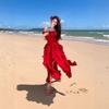 New Seaside Vacation Dress Travel Dress Red One-word Shoulder Dress White Niche Design Feeling