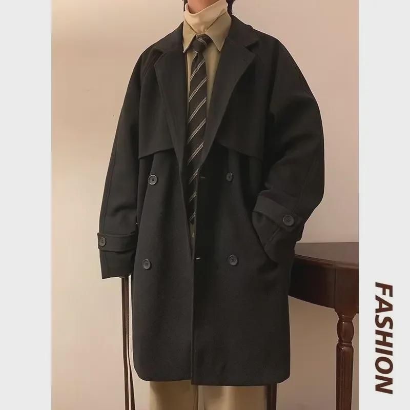 2024 Men's Double-Breasted Woolen Windbreaker: Mid-Length Loose Fit for Autumn/Winter