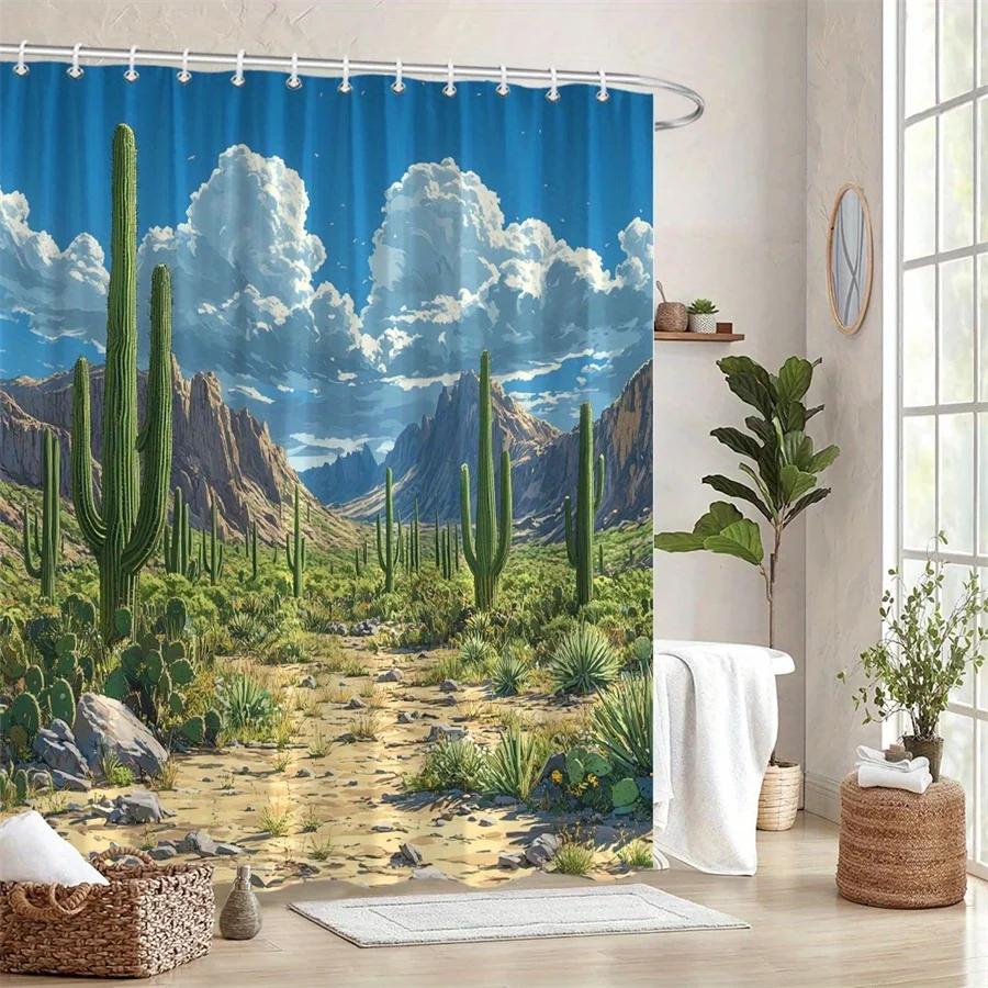 1Pc Desert Landscape Saguaro Cacti Shower Curtain - Southwest Bathroom Decor With Rocky Terrain & Blue Sky Digital Art, Durable
