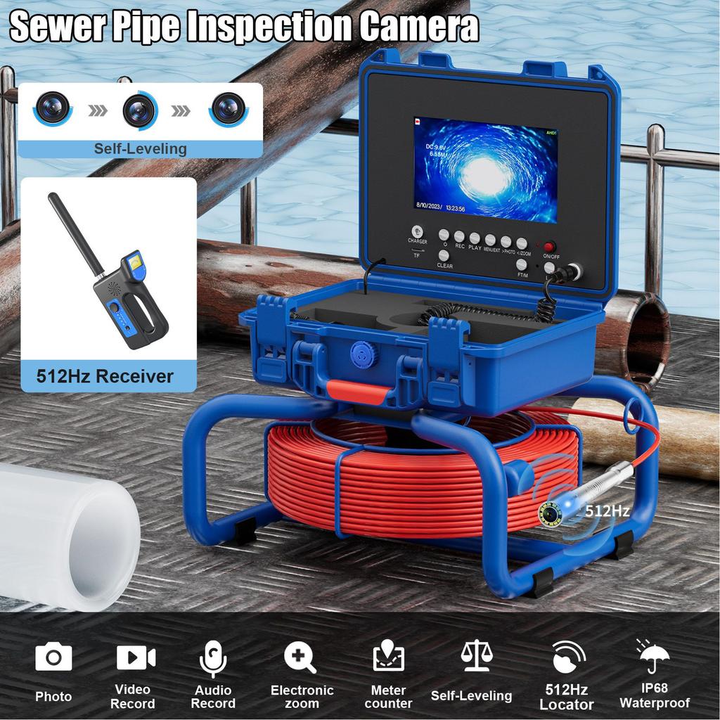 7in LCD Sewer Camera - Self Leveling 30M IP68 Pipeline Endoscope with 512Hz Transmitter & DVR, Industrial Drain Inspection Tool