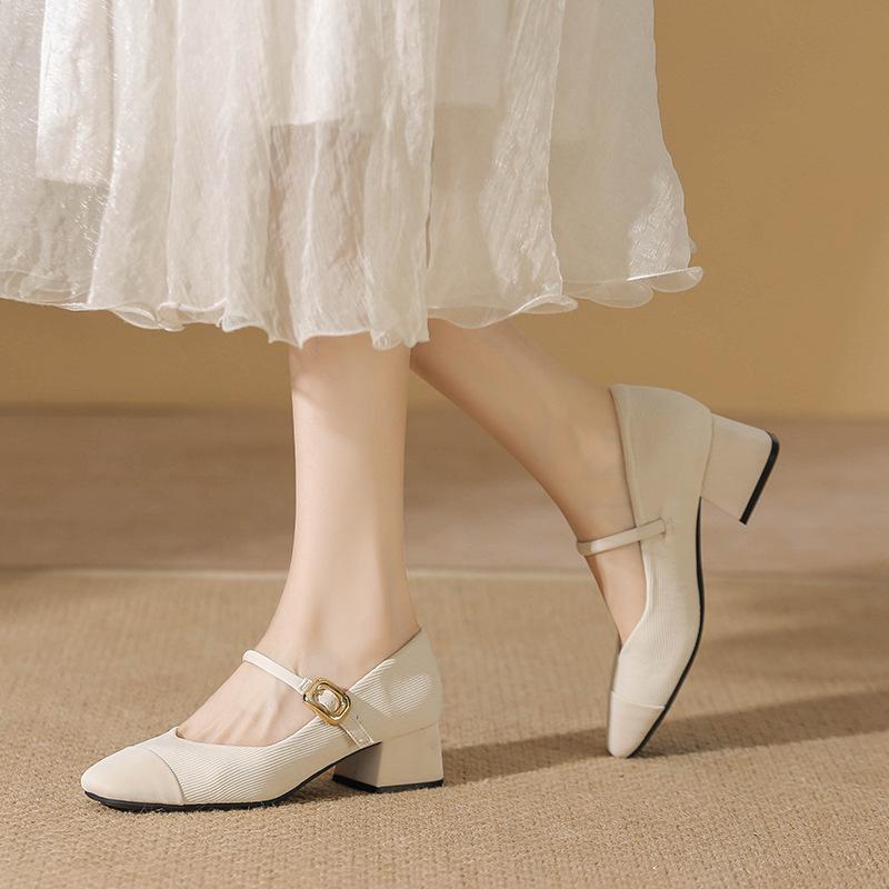 Mary Jane shoes spring and summer new square head evening breeze single shoes women's medium thick heel one-word buckle with shallow mouth wedding