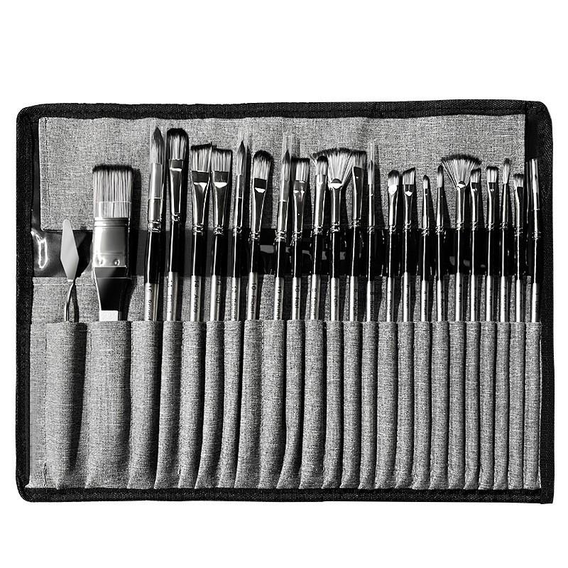 24-Piece Nylon Paint Brush Set with Canvas Roll-Up Case for Gouache, Watercolor, and Oil Painting