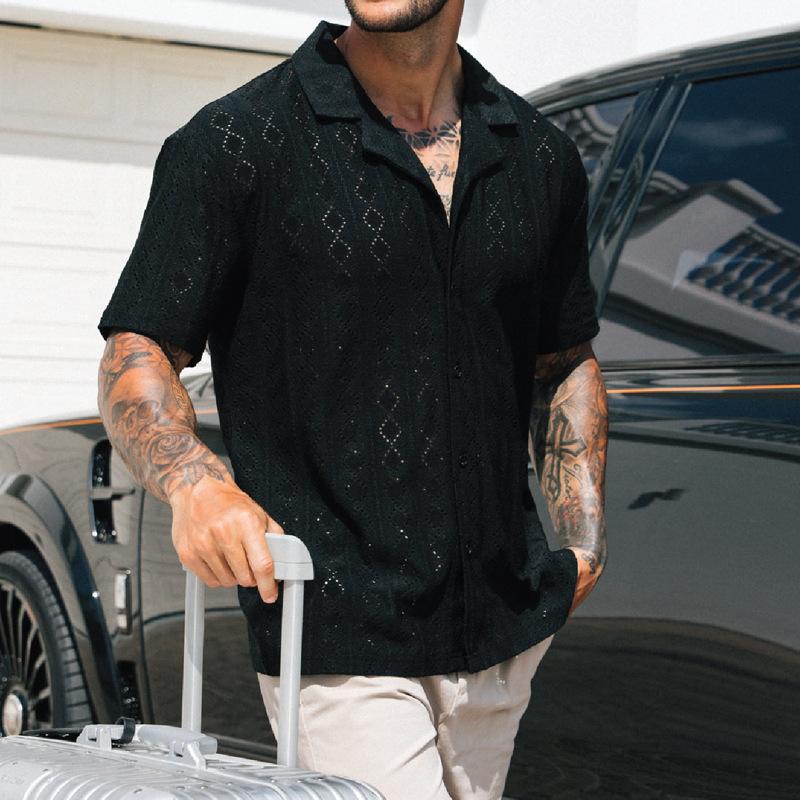 

Men s Black Short Sleeve Shirt and Beige Pants Casual Outfit Set for Summer XXXL