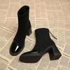 Suede Paneled Booties Fashion Round Toe Rear Zipper Anti-Slip Wear-Resistant Block Heel Shoes for Women