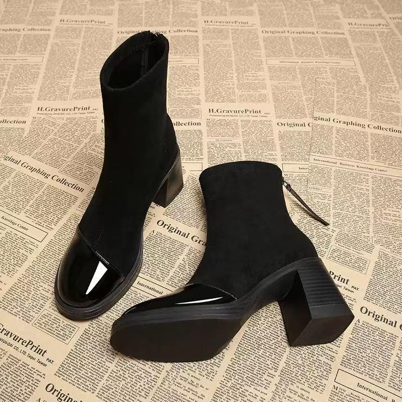 Suede Paneled Booties Fashion Round Toe Rear Zipper Anti-Slip Wear-Resistant Block Heel Shoes for Women