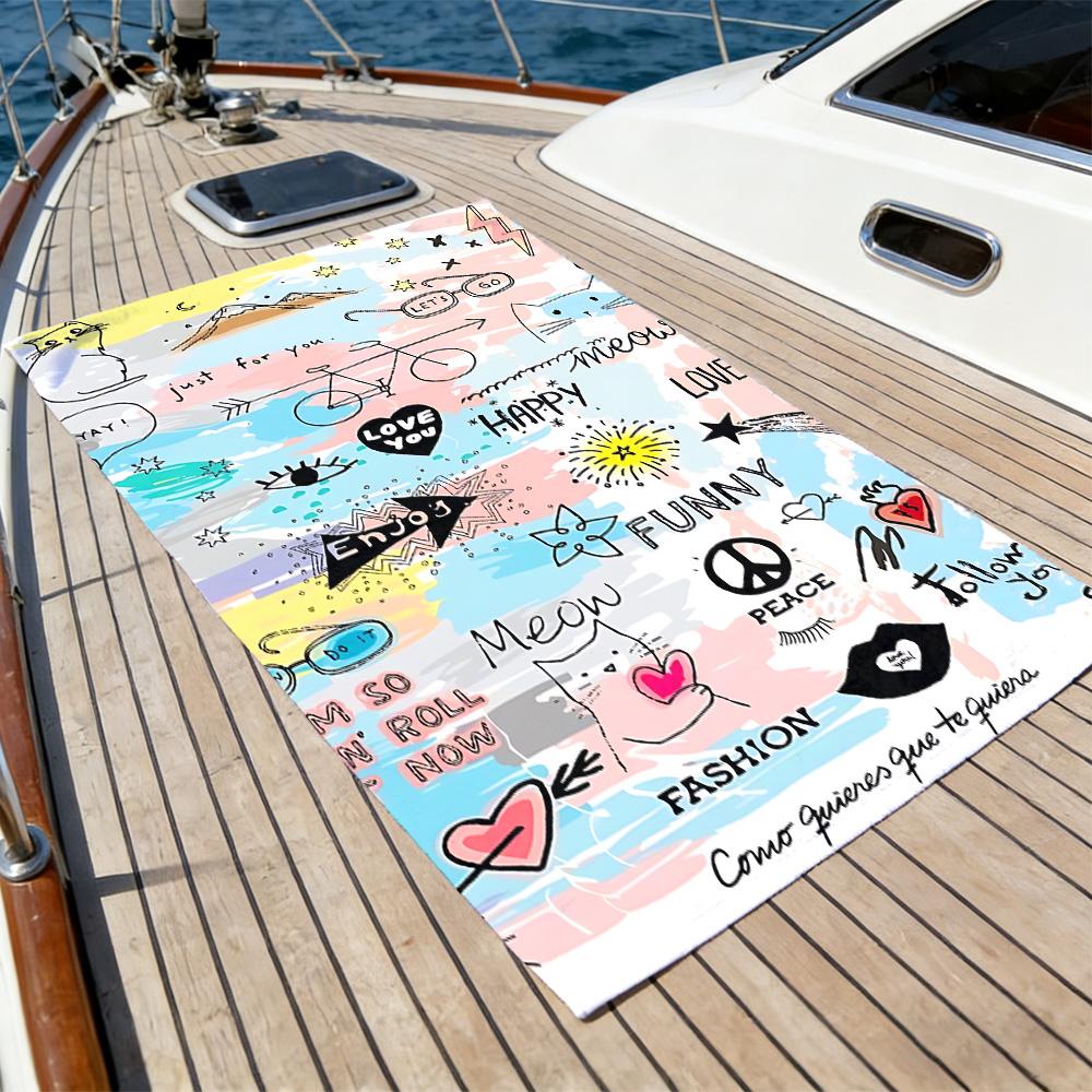 Doodle Art Love Beach Towel – Oversized Quick Dry Sand Free with Happy & Peace Sign Print