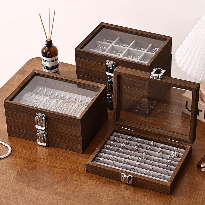 Compact Walnut Jewelry Box for Earrings, Rings, Necklaces, and Bracelets - with Lid and Display Case