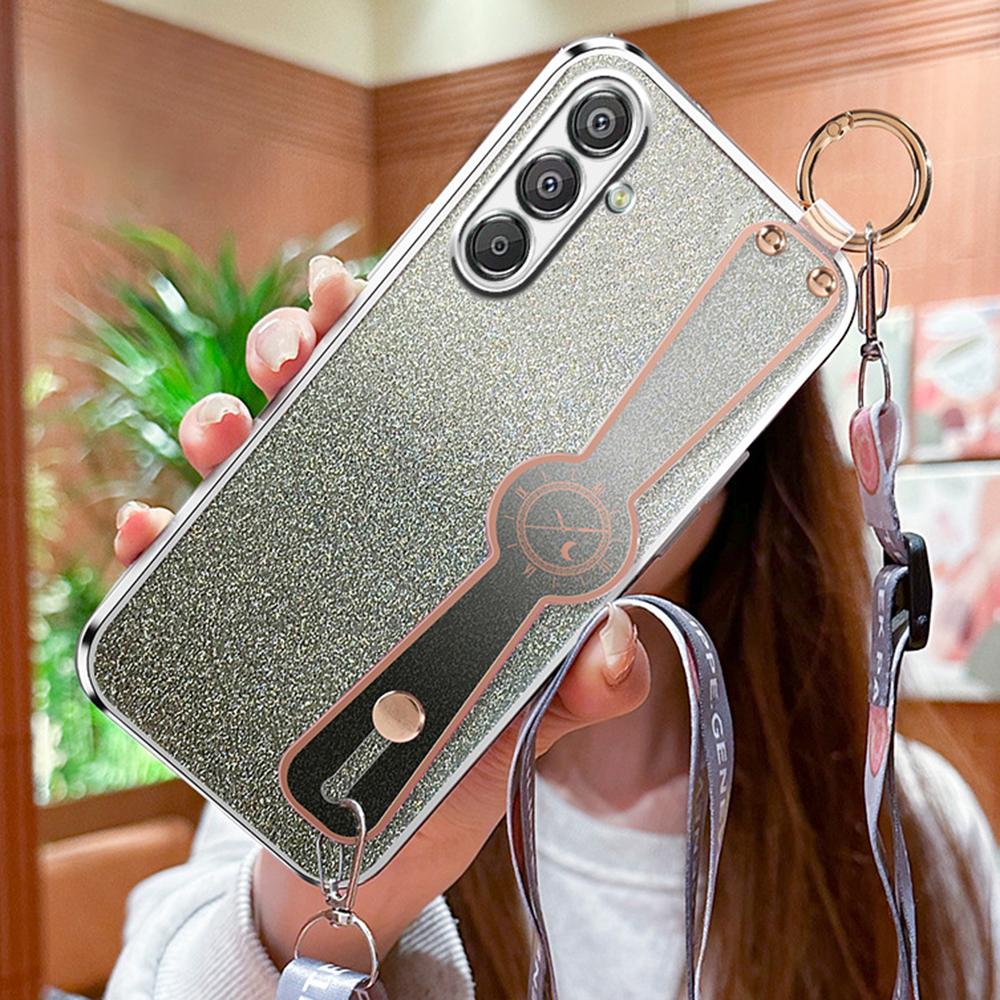 

Для Samsung Galaxy S25 Чохол Гальванізований Блискучий Ремінець для Руки Підставка Задня Кришка з ТПУ з Плечовим Ремінцем Silver