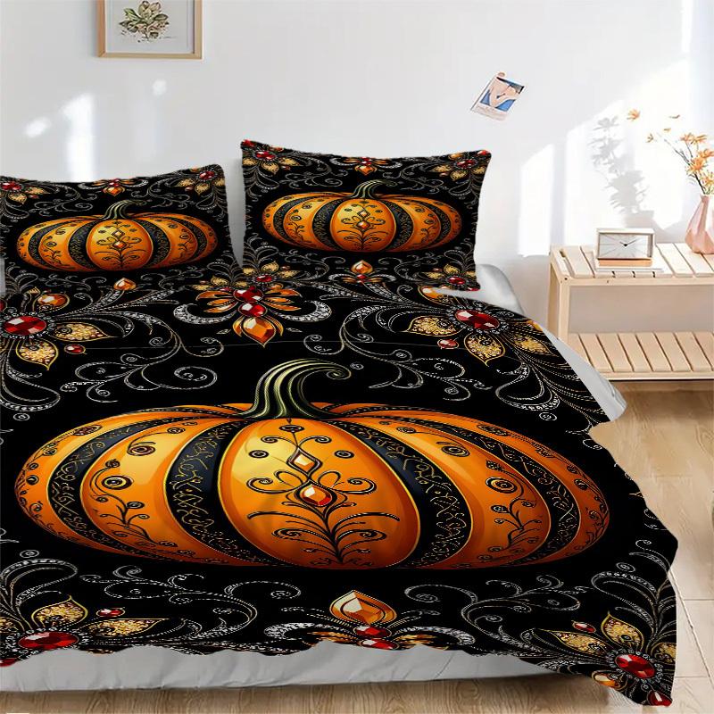 3pc Gothic Pumpkin Cover Set - 1 Quilt Cover + 2 Pillowcases, All Seasons Bedroom Setting, Perfect for Home042