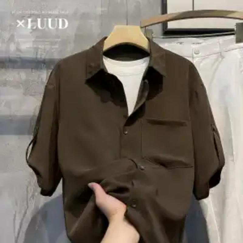 Men Half Sleeve Shirt Loose Collared Button Down Casual Chiffon Blouse
