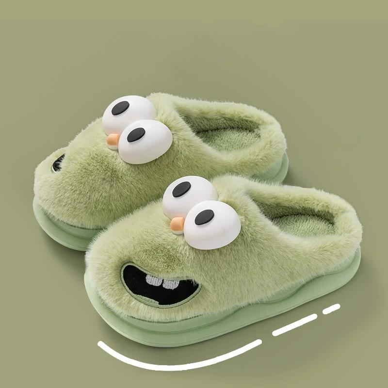 Cozy Big-Eyed Cartoon Dog Slippers: Warm Furry Cotton for Couples In Autumn Winter