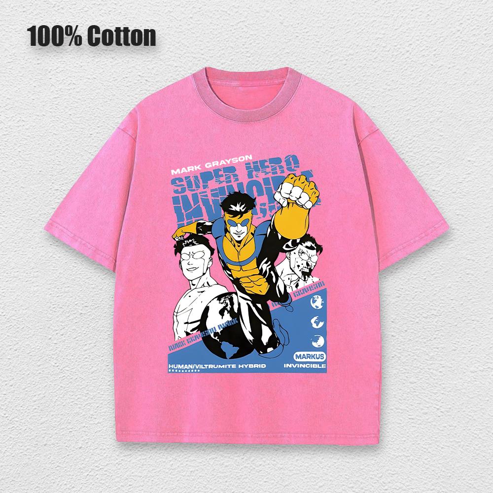 Ladies Invincible Hero Vintage Printed Tees Cotton Loose Washed T-Shirt Clothes Vintage Short Sleeve Crew Neck T-Shirt Unisex