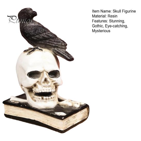 Gothic Skull Figurine Mystical Raven on Statue, Crow Perching Decor with Book, Spooky Halloween Resin Sculpture for Desk Shelf Retro Desktop