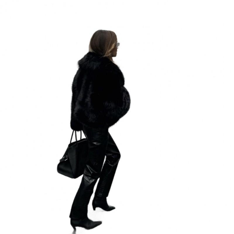 Cappotto Donna Corto in Finta Pelliccia di Volpe Collo a Sciarpa Vestibilità Larga Autunno Inverno Moda Capospalla