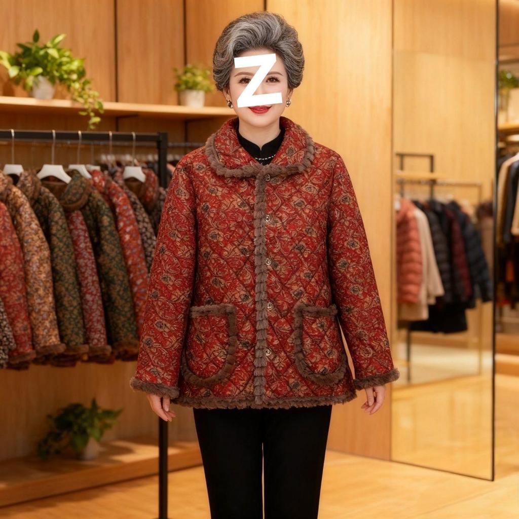 Jaqueta de Algodão Quente com Lapela Floral de Novo Estilo 2025 com Forro de Veludo para Mulheres de Meia-Idade e Idosas, Roupa Exterior Solta e Grossa para Outono e Inverno