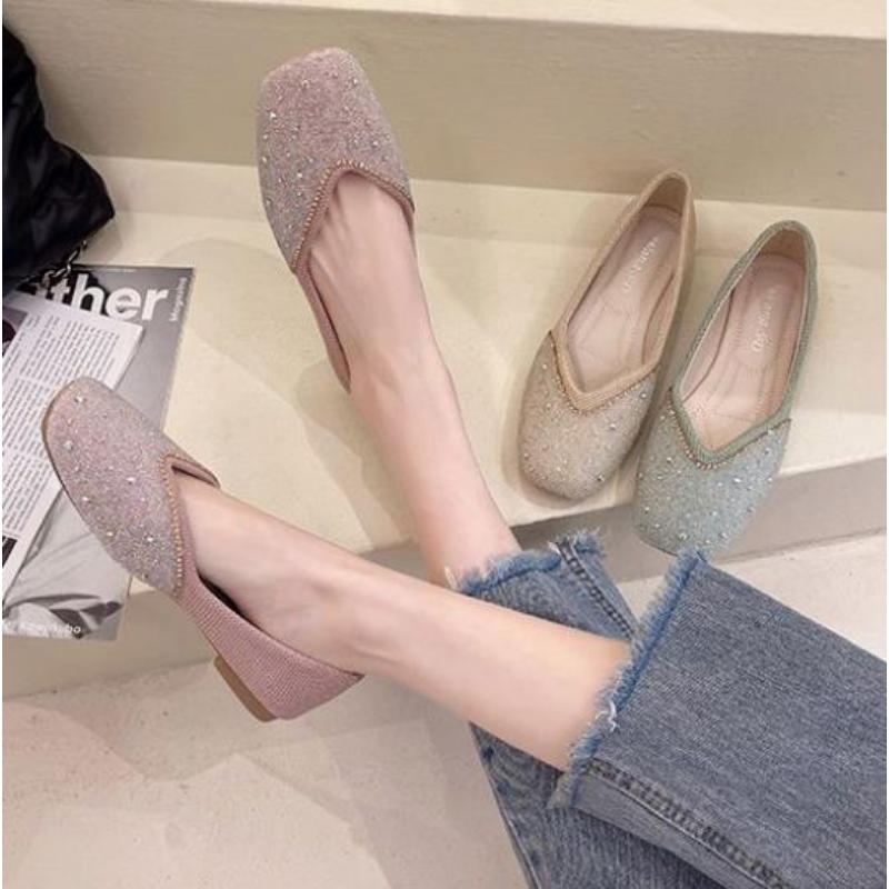 WTEMPO Dámské ploché boty Módní síťovina se čtvercovou špičkou Prodyšná Pohodlná Měkká podešev Drahokamu Všestranný Temperament Nízký podpatek Samostatné boty