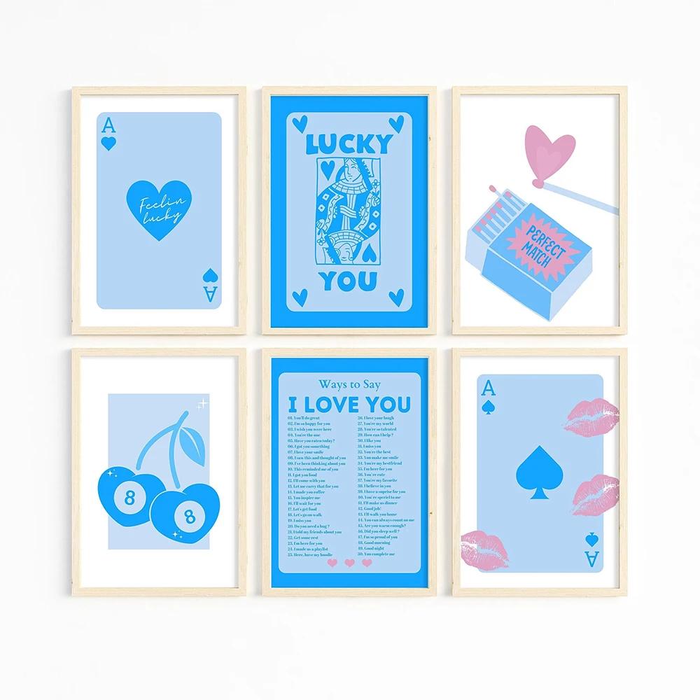 Retro Trendy Aesthetic Lucky You Blue Funny Wall Art Canvas Painting Nordic Posters Prints Wall Pictures For Living Room Decor