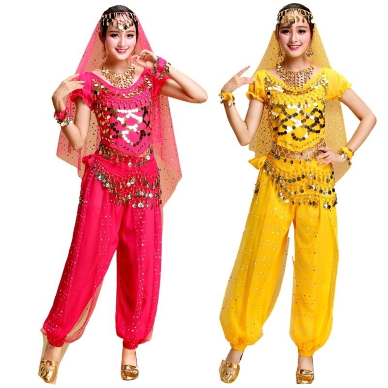 Belly Dance Costume Set for Women Crewneck Short Sleeve Tee Shirt Top Lantern Trousers Carnival Dancer Outfit Suit