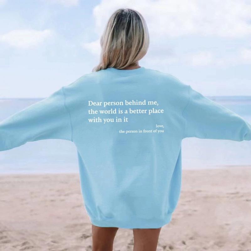 Women's Fleece-Lined Slogan Sweatshirt - Plain Color, Round Neck
