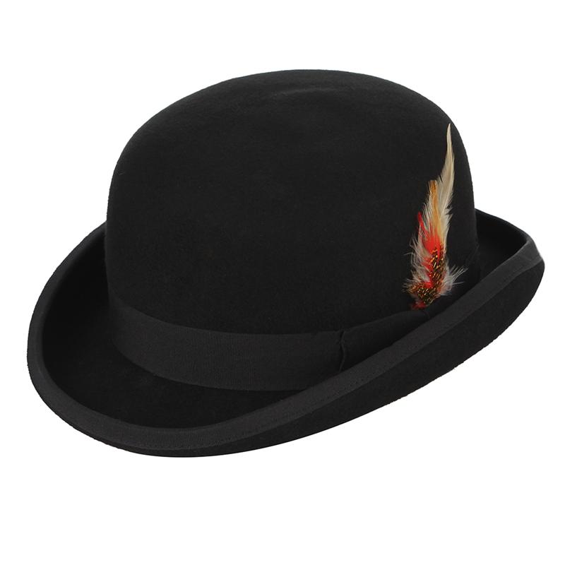 GEMVIE 4 Sizes 100% Wool Black Beige Felt Derby Bowler Hat with Feather Women Men Party Formal Fedora Costume Magician Hat