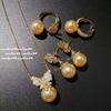 Philippine Tea Gold Butterfly Pearl Necklace, Nanyang Gold Bead Butterfly Zircon Bead Earrings, Ring Set