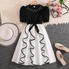 Girls' Fashionable Black-and-White Color-Block Dress: Spring/Summer Casual Children's Puffed-Sleeve Dress