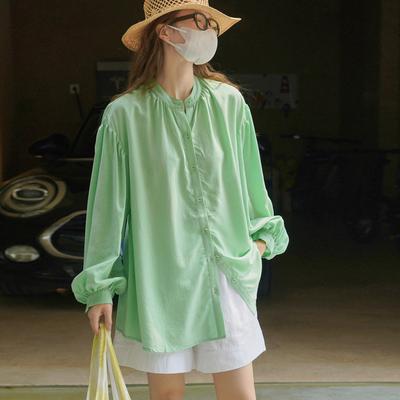 Camicie Retro Coreane Maniche a Palloncino Pigre Collo Alto Estive Larghe Fresche Protezione Solare Top Donna