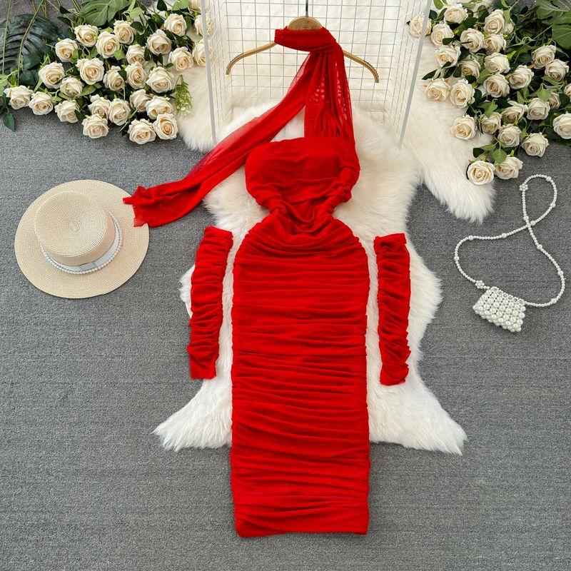 

Модное платье-труба с драпировкой, сетчатое, на Новый год, Рождество Red All yards