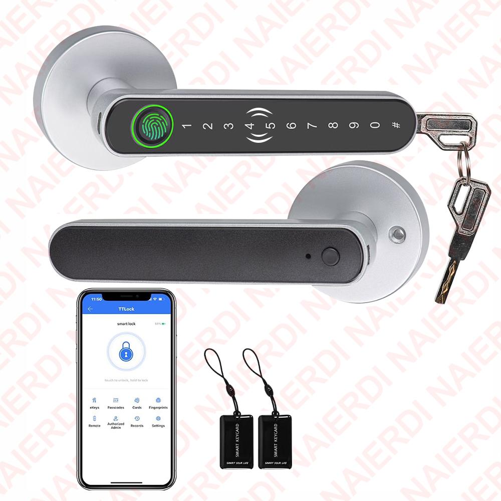 

NAIERDI Smart Fingerprint Door Lock Tuya APP Bluetooth Keypad Card Entry Door Lock with Handle for Home Apartment Bedroom срібні білого кольору