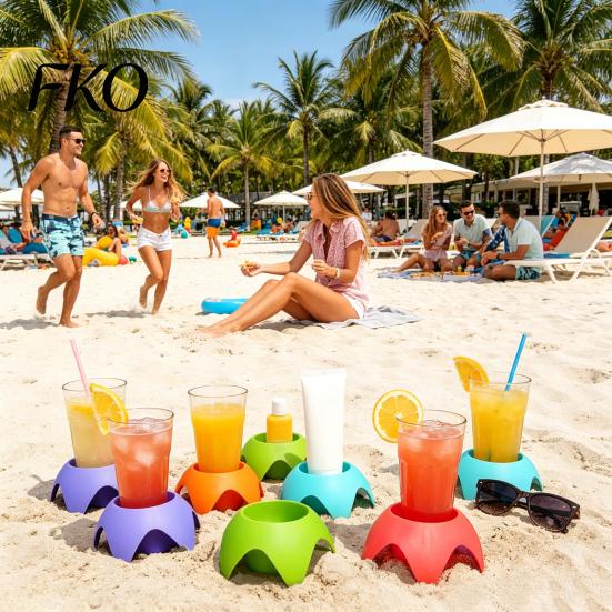 Color Cup Holder for Beach with Bold Colors Stackable Portable Drink Organizer Phones Snacks Sunscreen Sand-Free Travel Camping Picnic Family Outings