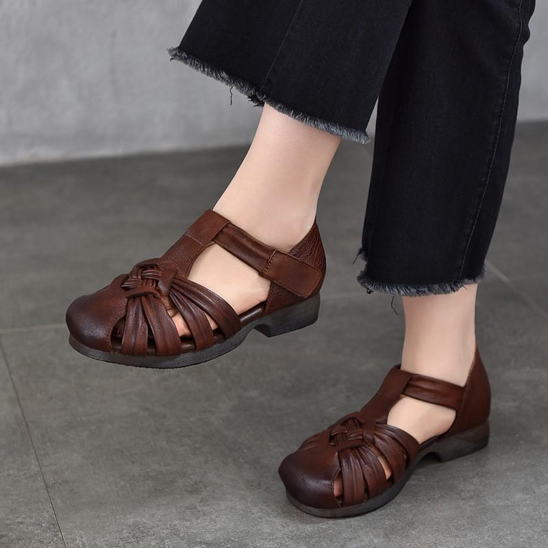 

Johnature Retro Genuine Leather Hollow-out Sandals Round Toe Soft Sole Versatile Women s Shoes 40 коричневий