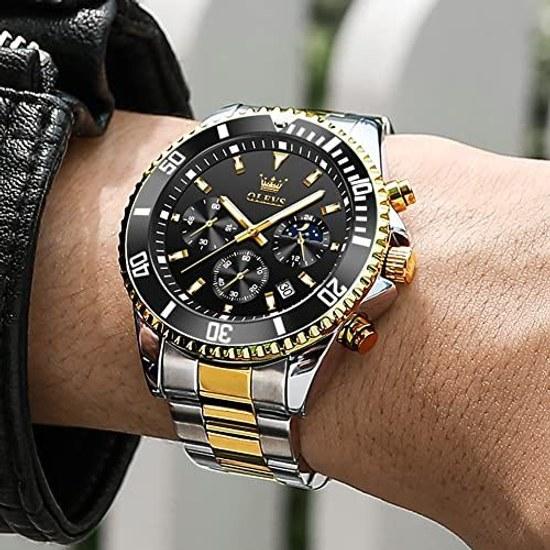 OLEVS wristwatch mens quartz analog date silver metal band waterproof black dial large easy-to-read unidirectional rotating bezel