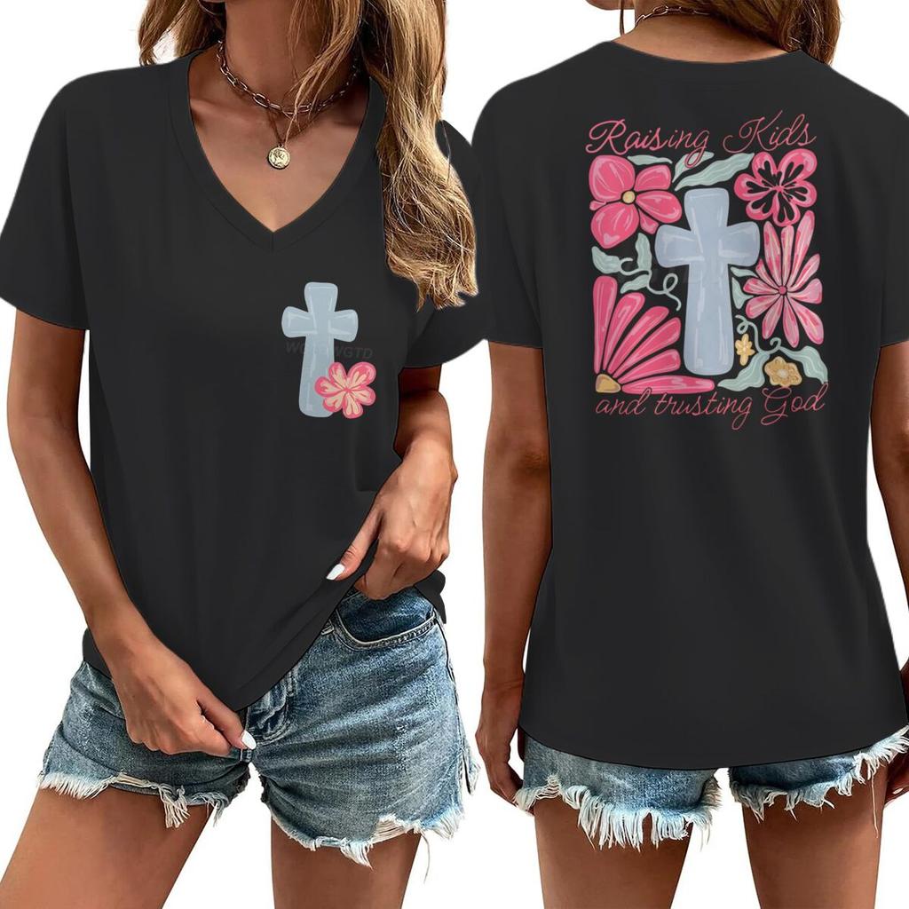 Religious Christian Faith Tshirts Short Sleeve Vneck Casual Tops Jesus Cross Flower Shirt Cross Faiths Casual Tshirt Women