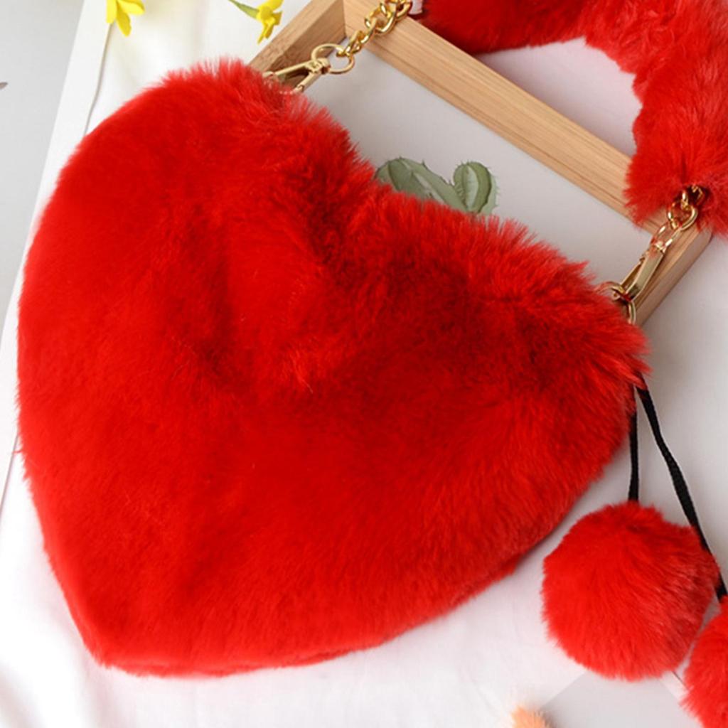 Women's Heart Shaped Faux Fur Wallet Purse Chain Shoulder Bag Winter Tote Purse Messenger Satchel